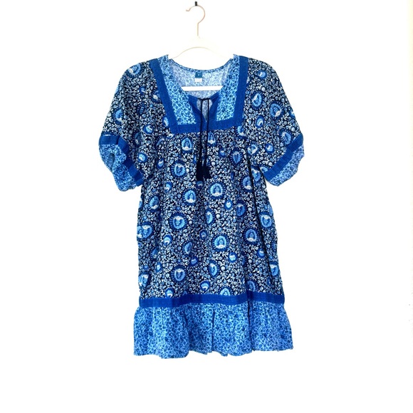 Old Navy Puff Sleeve Peacock Swing Mini Dress Blue Printed Cotton Cottagecore S - Picture 2 of 10